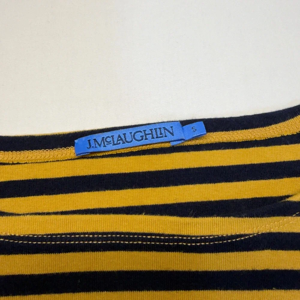 J McLaughlin Striped Knit Top Womens Small Yellow Navy Breton Boat Neck Preppy - Picture 3 of 8